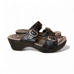Dansko Sandals Womens Slide Black Leather Slip On Open Toe Block Heels Casual